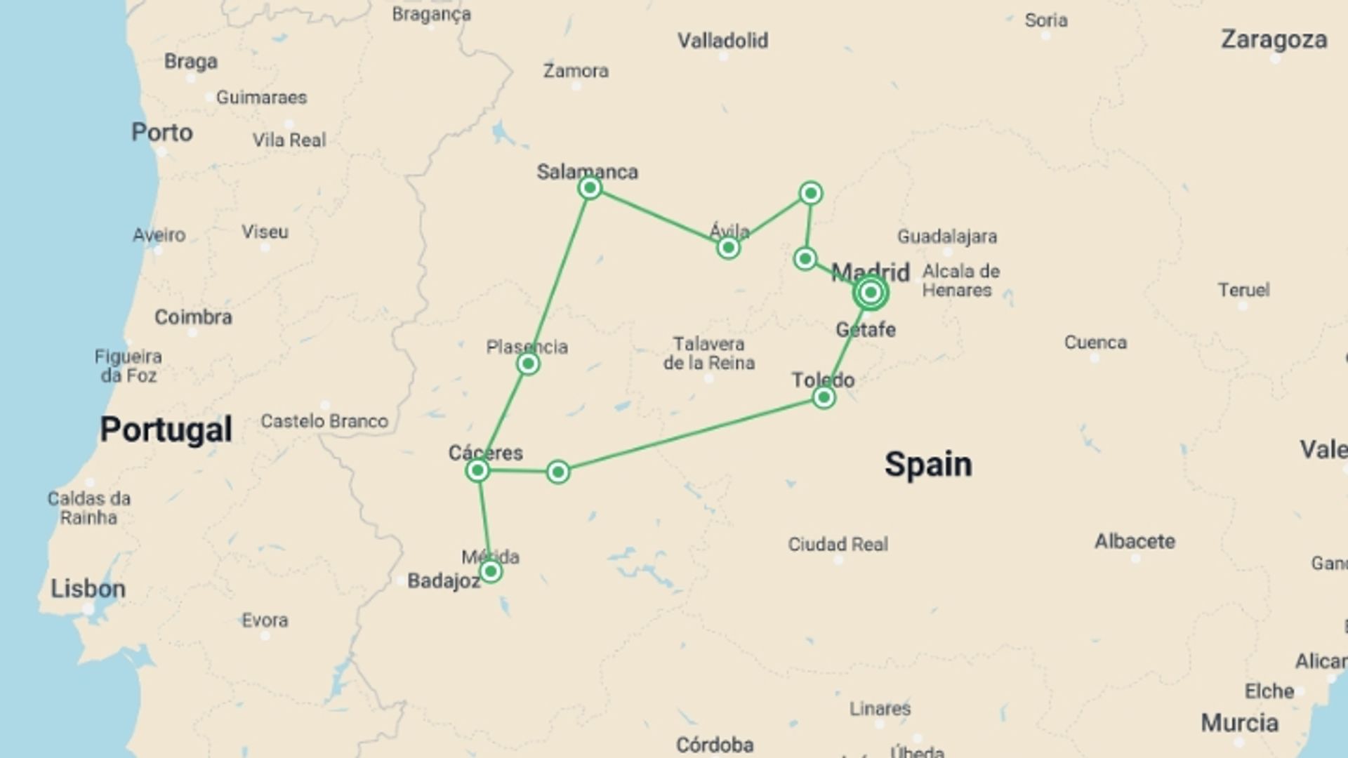 A map showing the tour itinerary for the trip: Heart Of Spain, Self-drive, starting in Madrid, Spain and ending in Madrid, Spain going through 4 other destinations.