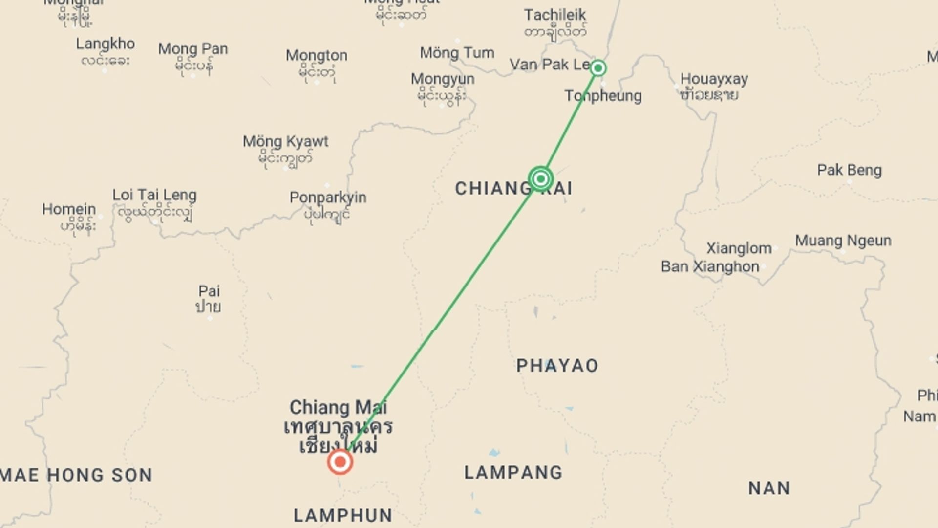 A map showing the tour itinerary for the trip: The Best Of North Thailand, Small Group Tour (other Languages), starting in Mueang Chiang Rai, Thailand and ending in Mueang Chiang Rai, Thailand going through 2 other destinations.