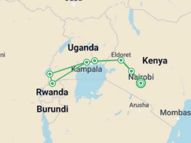 Map itinerary of Kenya Tour in Winter with 7 destination visits for the trip: 14-day Game Parks  Gorillas Accommodated