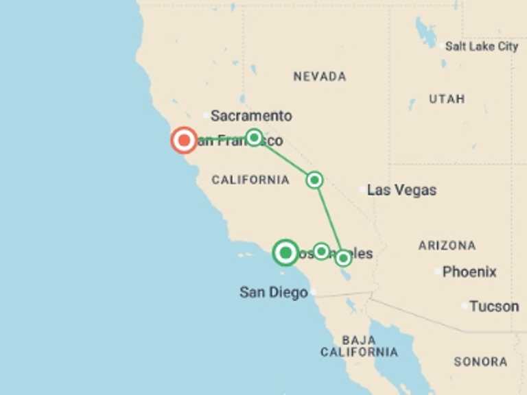 Map of 6-Day North America Tour with 6 destination visits for the trip: Best of California National Parks - 6 days