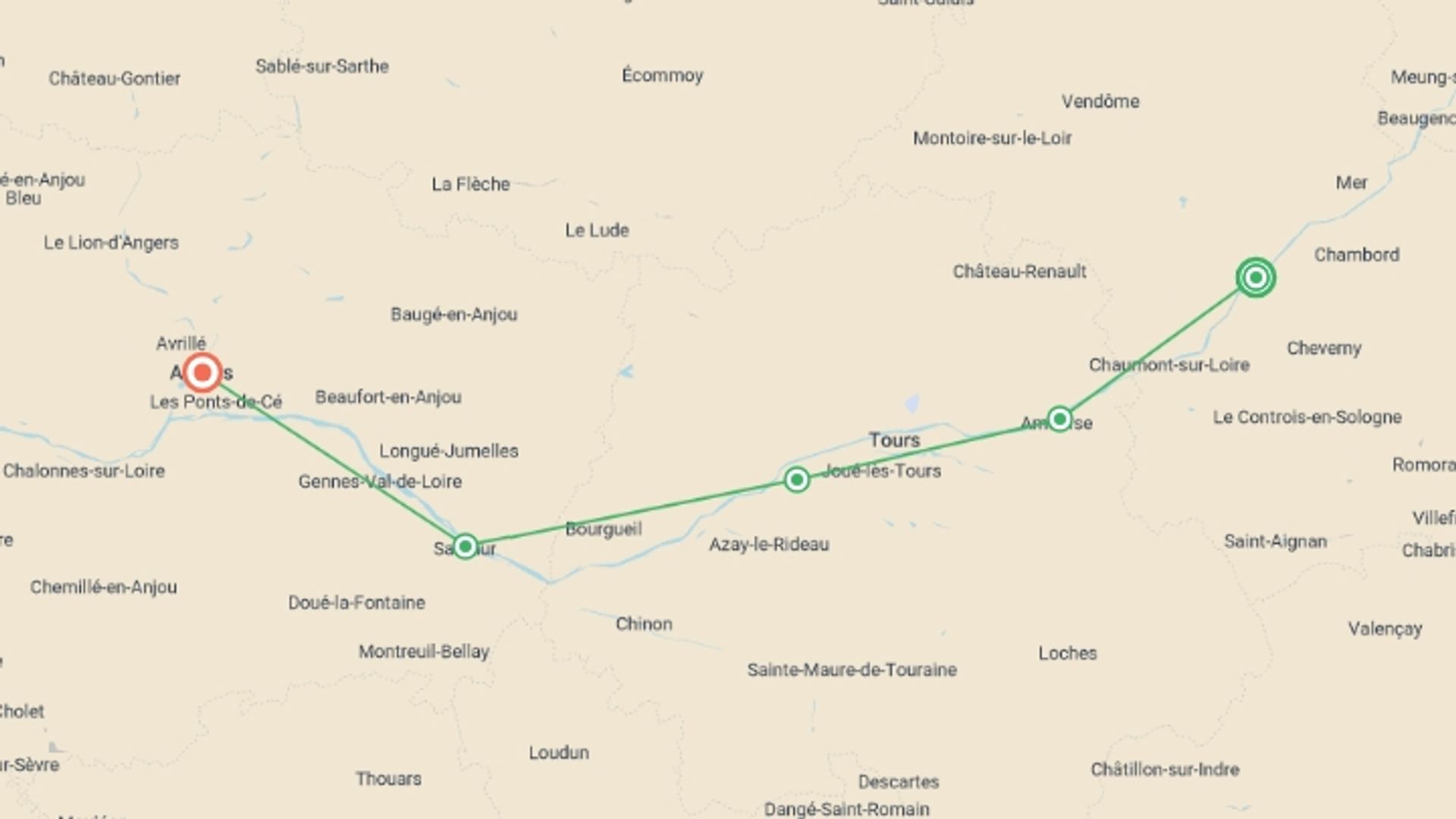 A map showing the tour itinerary for the trip: Cycle the Loire Valley, starting in Blois, France and ending in Angers, France going through 4 other destinations.