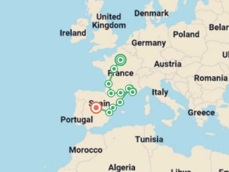 Map of 10-Day Madrid Tour with 6 destination visits for the trip: Paris, Lourdes, Côte d Azur, Provence and Barcelona with Madrid