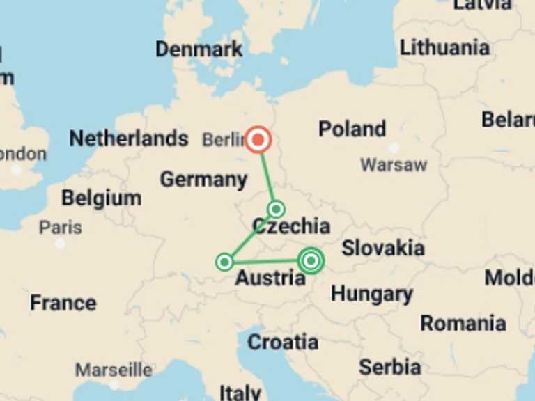 Map of 9-Day Vienna Tour with 4 destination visits for the trip: Imperial Europe : Vienna to Berlin (4 Star Hotels)