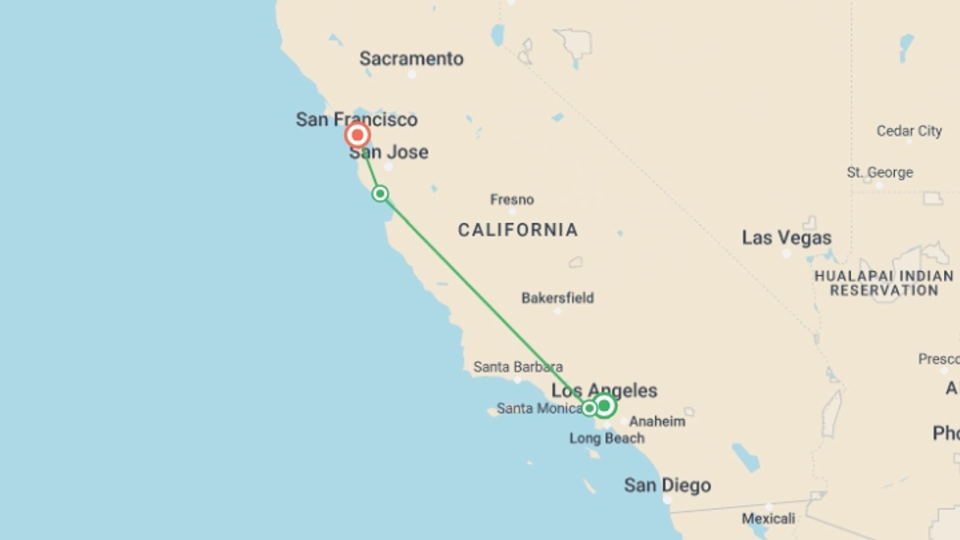 A map showing the tour itinerary for the trip: USA Road Trip- Highway 1 and San Fran Sun, starting in Los Angeles, USA and ending in San Francisco, USA going through 2 other destinations.