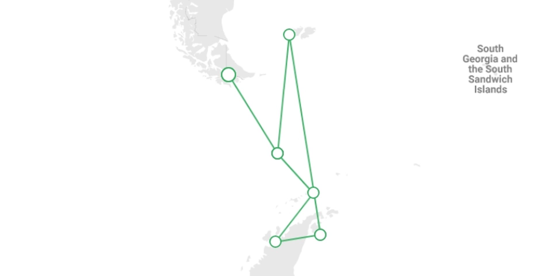 A map showing the tour itinerary for the trip: The Antarctic Peninsula and Weddell Sea - M/V Ushuaia, starting in Ushuaia, Argentina and ending in Ushuaia, Argentina going through 5 other destinations.