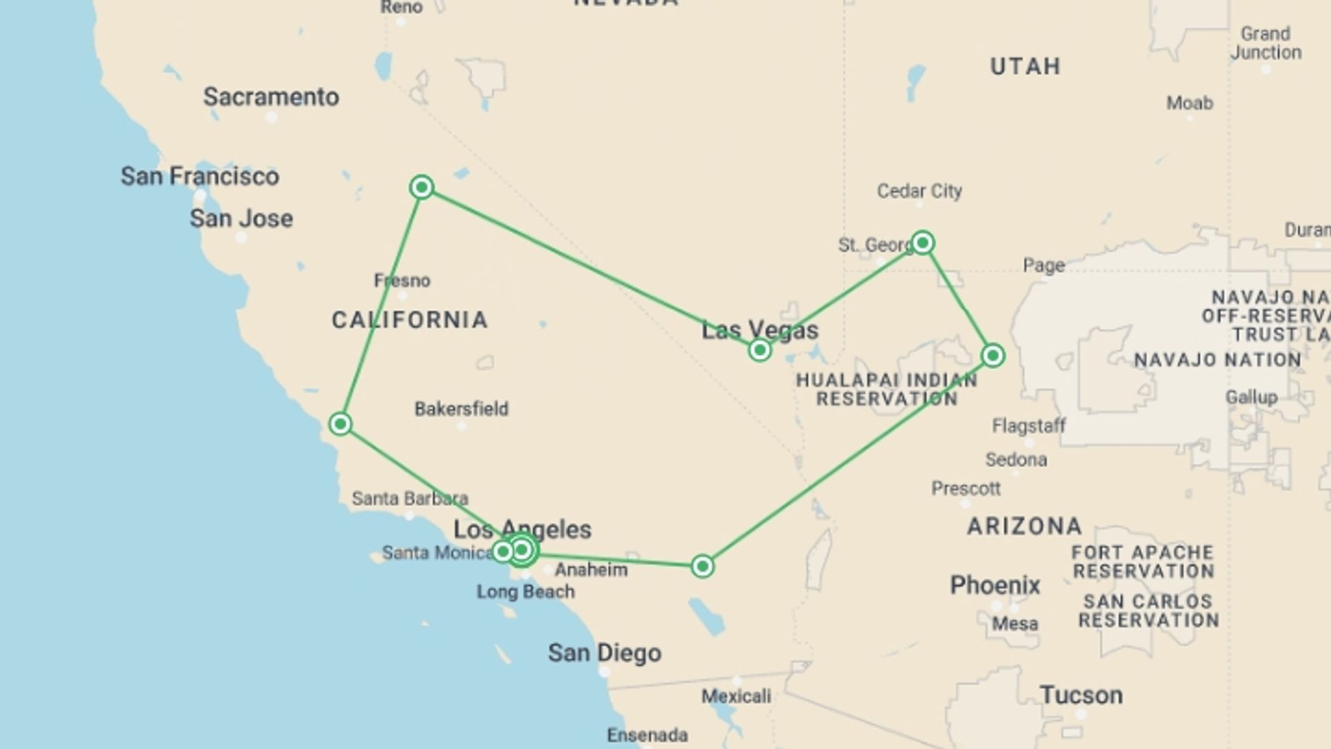 A map showing the tour itinerary for the trip: Best of the West Road Trip: California, Utah & Vegas Bright Lights, starting in Los Angeles, USA and ending in Los Angeles, USA going through 7 other destinations.