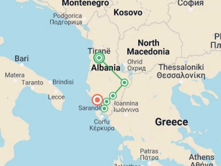 Map itinerary of Tirana Tour in October 2026 with 6 destination visits for the trip: E-bike Across Southern Albania