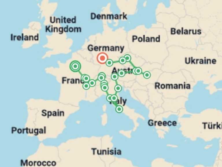Map itinerary of Vienna Tour in September 2025 with 12 destination visits for the trip: Incredible Europe AR