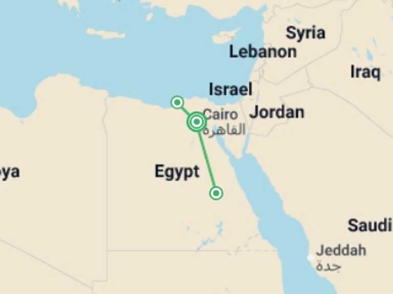 Map of 6-Day North Africa Tour with 3 destination visits for the trip: Biblical Cairo & Alexandria (4 Star) - 6 days