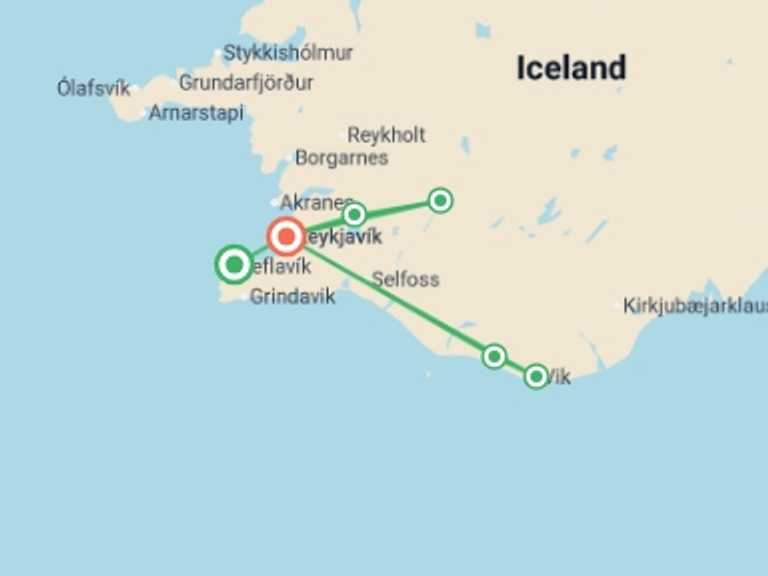 Map itinerary of Europe Tour in Winter with 3 destination visits for the trip: Iceland Winter Getaway - 5 days