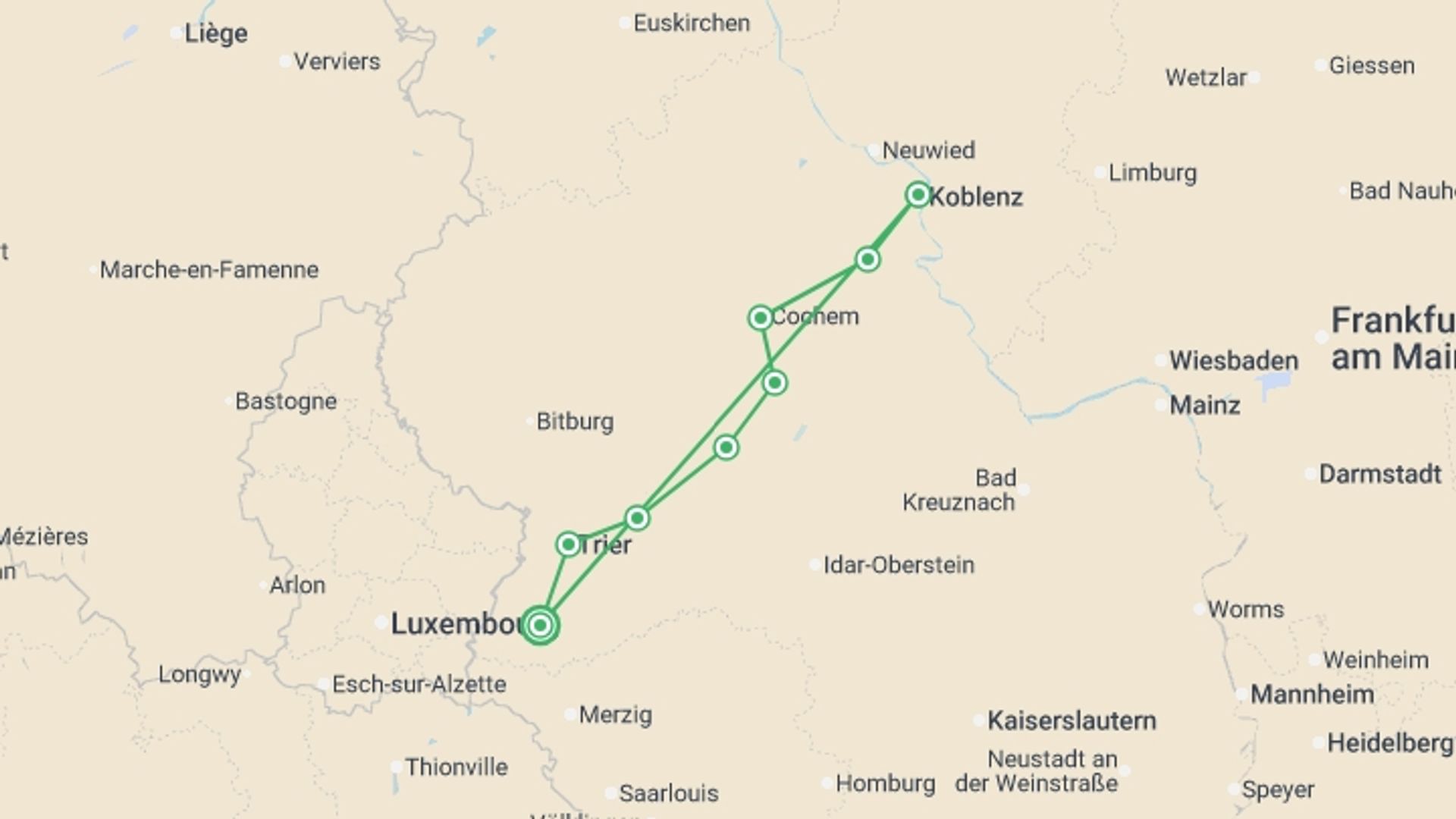 A map showing the tour itinerary for the trip: Moselle Bike & Barge, starting in Saarburg, Germany and ending in Saarburg, Germany going through 6 other destinations.