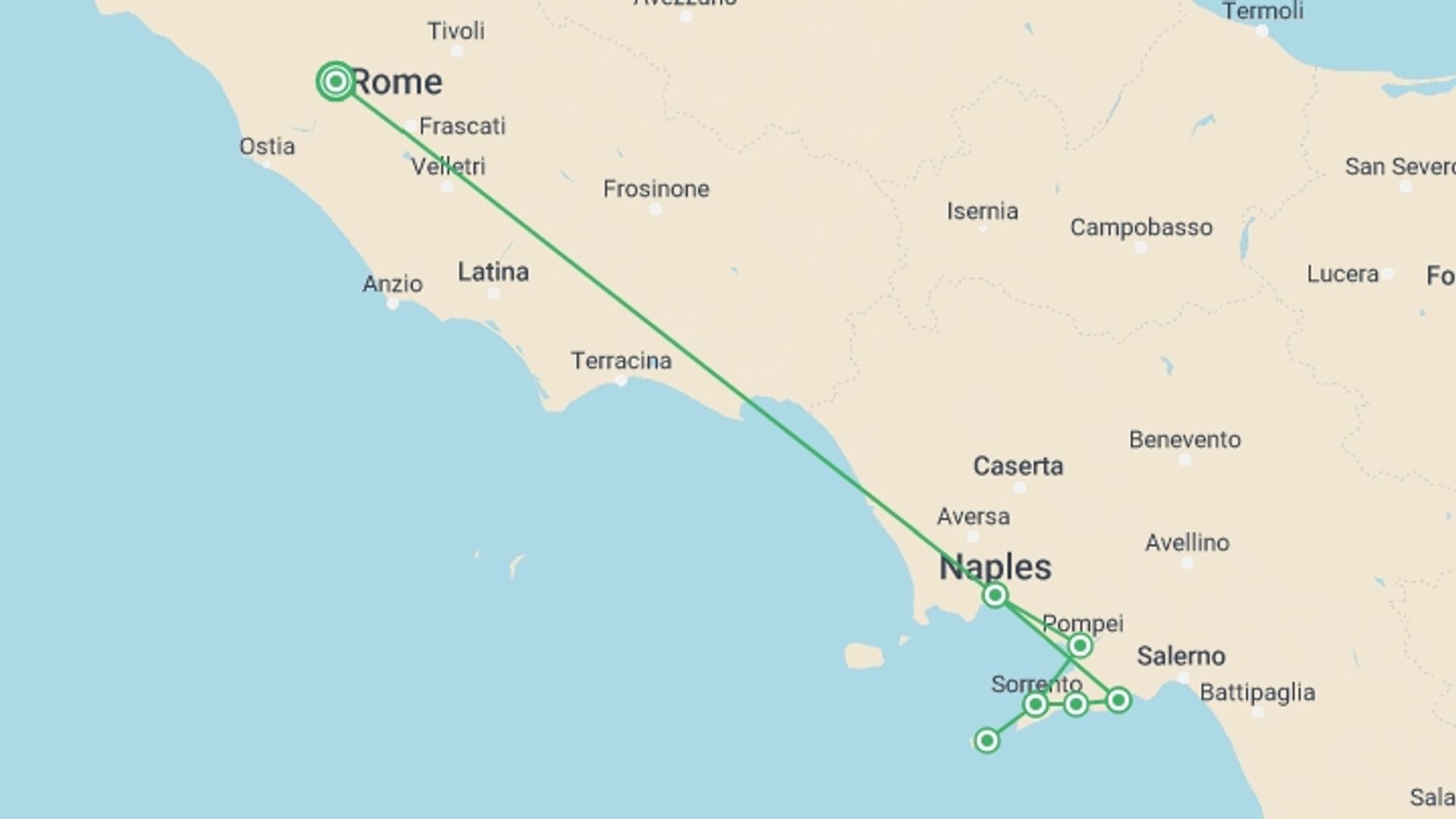 A map showing the tour itinerary for the trip: Splendid Amalfi Coast - Small-Group Tour, starting in Rome, Italy and ending in Rome, Italy going through 4 other destinations.