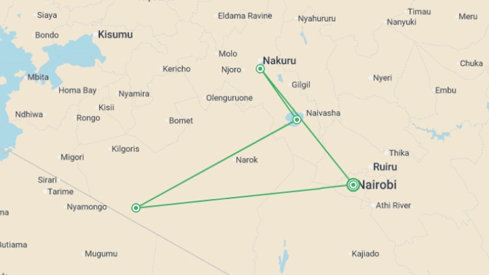 A map showing the tour itinerary for the trip: Nakuru, Naivasha & Mara Safari (Lodge) - 5 days, starting in Nairobi, Kenya and ending in Nairobi, Kenya going through 3 other destinations.