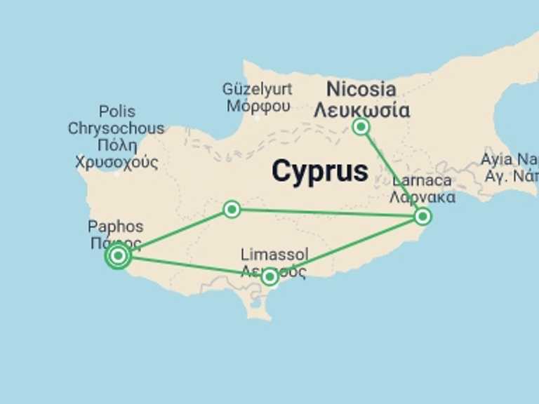 Map of a Self-drive or vehicle rental Tour with 4 destination visits for the trip: Explore Cyprus 8 Days, Self-drive