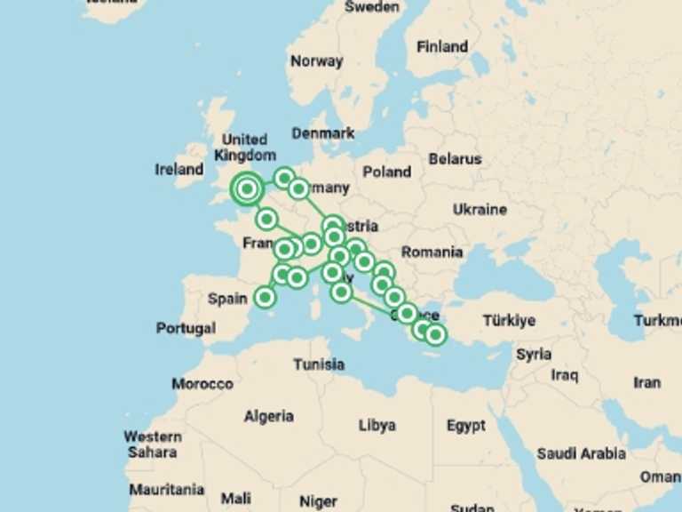 Map itinerary of London Tour in July 2026 with 21 destination visits for the trip: European Adventurer