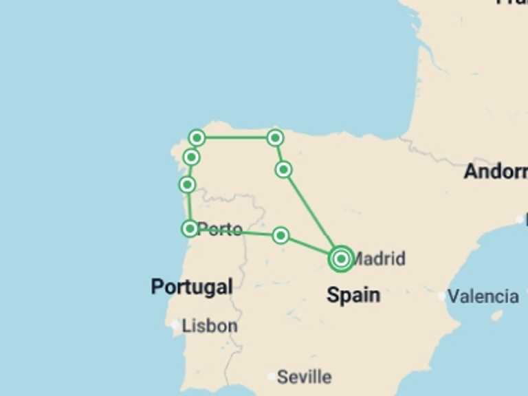 Map of Oviedo City sightseeing Tour with 5 destination visits for the trip: 6 Day Asturias & Galicia Guided Tour From Madrid (c-261)