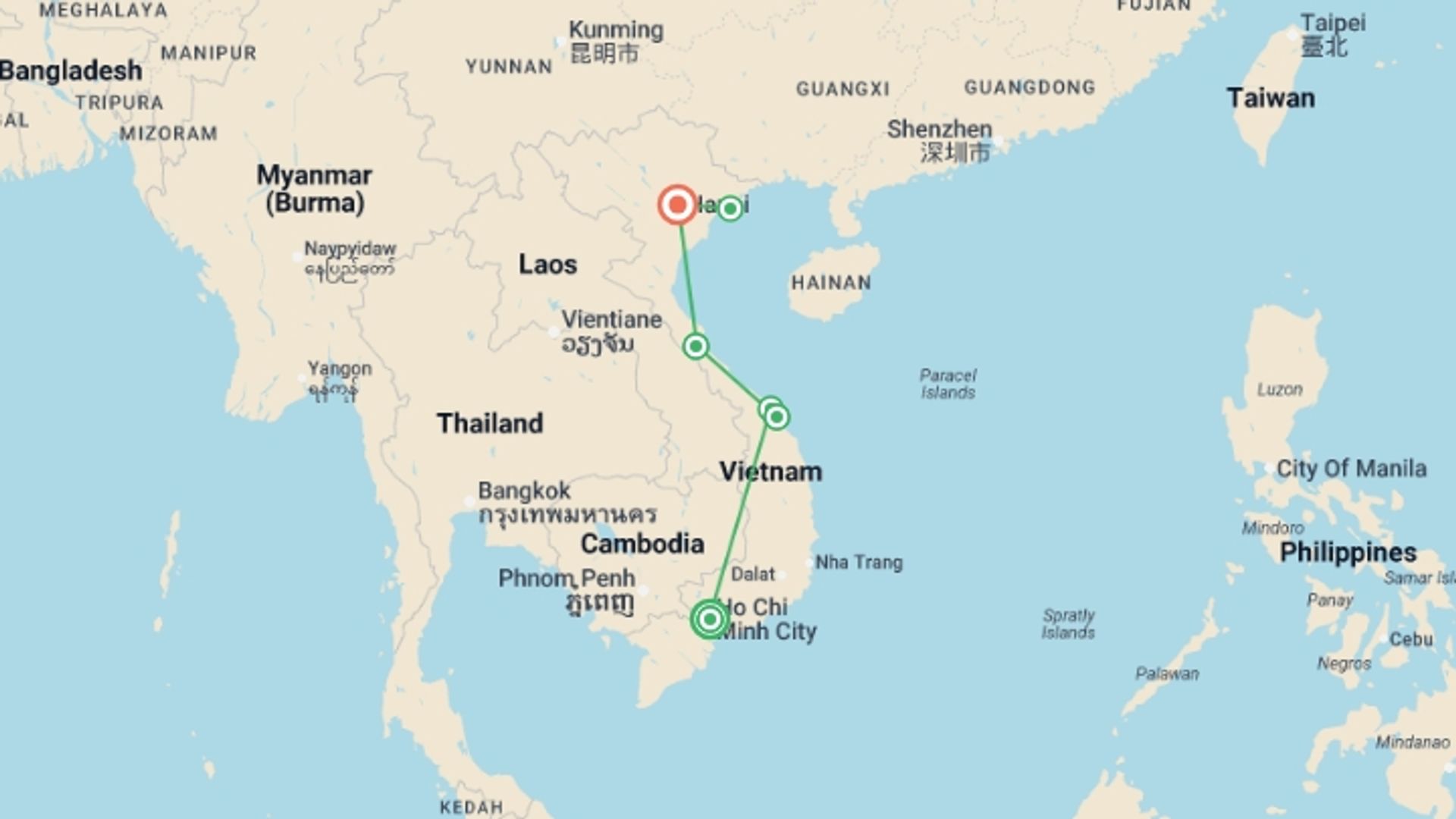 A map showing the tour itinerary for the trip: Essential Vietnam Family Adventure - 13 days, starting in Ho Chi Minh City, Vietnam and ending in Hanoi, Vietnam going through 3 other destinations.