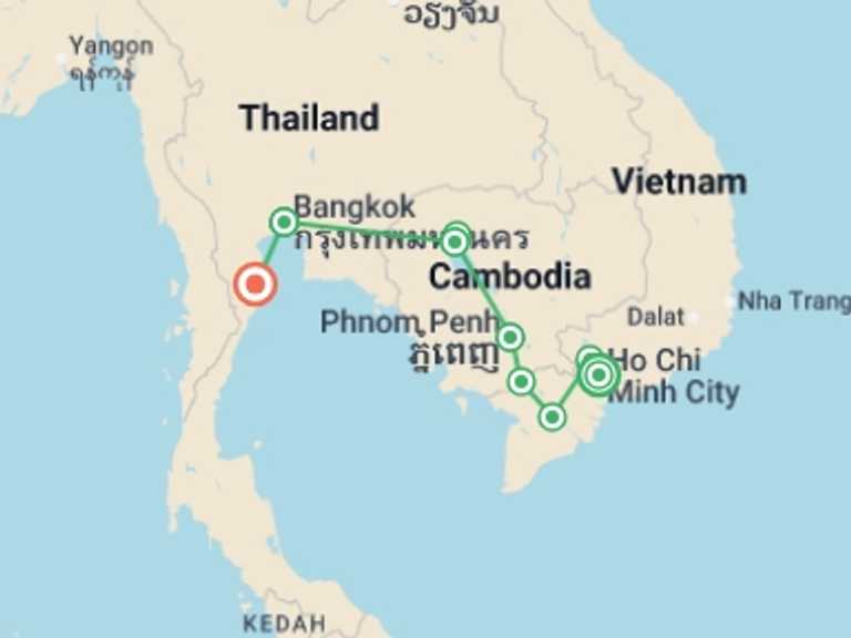 Map of a Explorer Tour with 9 destination visits for the trip: Family Vietnam, Cambodia & Thailand Journey