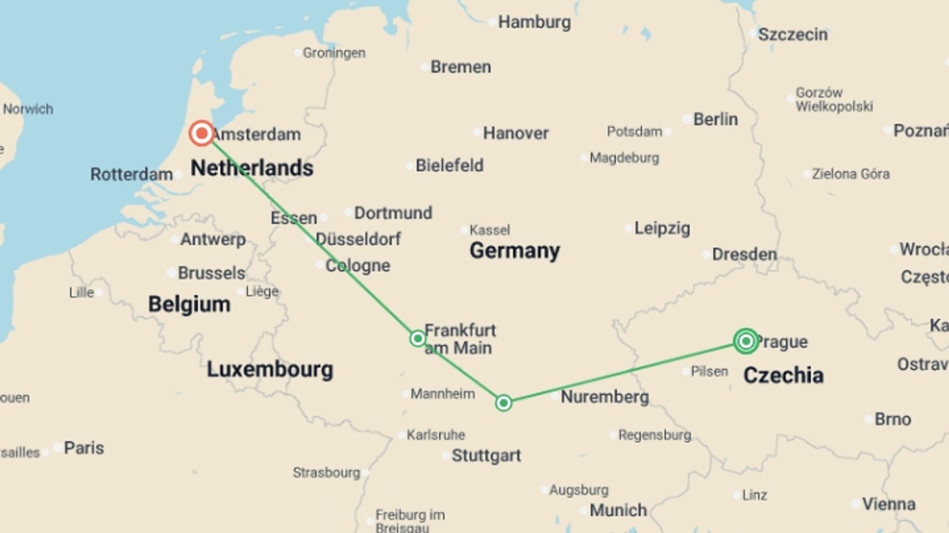 A map showing the tour itinerary for the trip: Beloved Europe, starting in Prague, Czech Republic and ending in Amsterdam, Holland going through 1 other destinations.