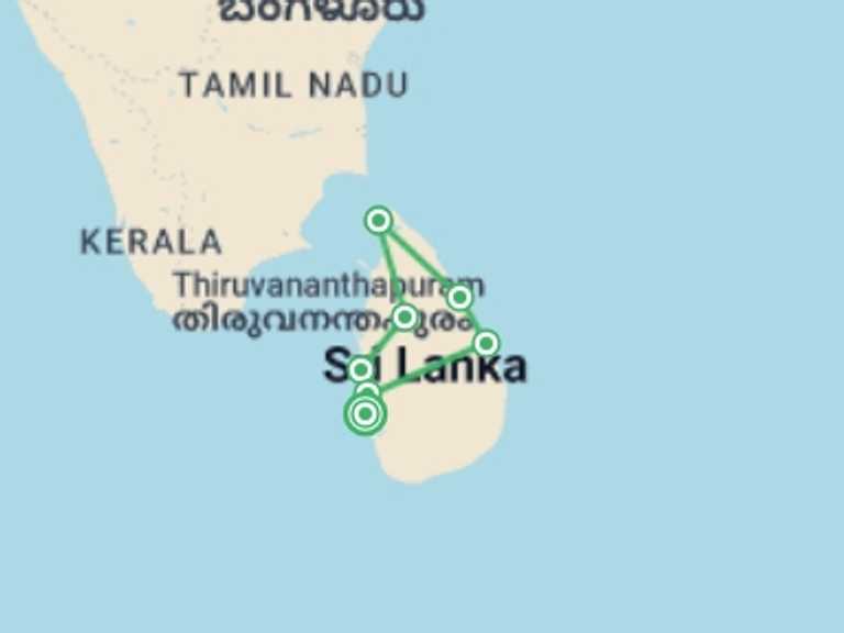 Map of a National parks Tour with 7 destination visits for the trip: Sri Lanka North East & Beach - 10 Days