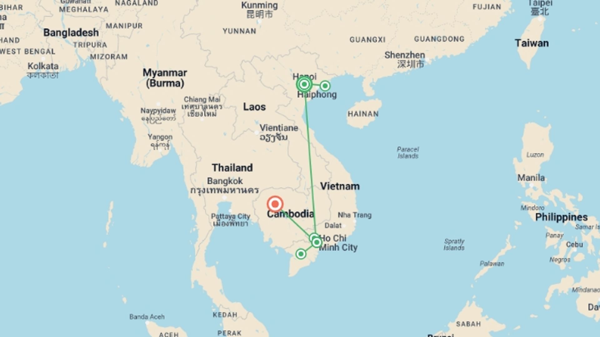 A map showing the tour itinerary for the trip: A 10 Days Immersion in Vietnam and Cambodia, starting in Hanoi, Vietnam and ending in Siem Reap, Cambodia going through 4 other destinations.