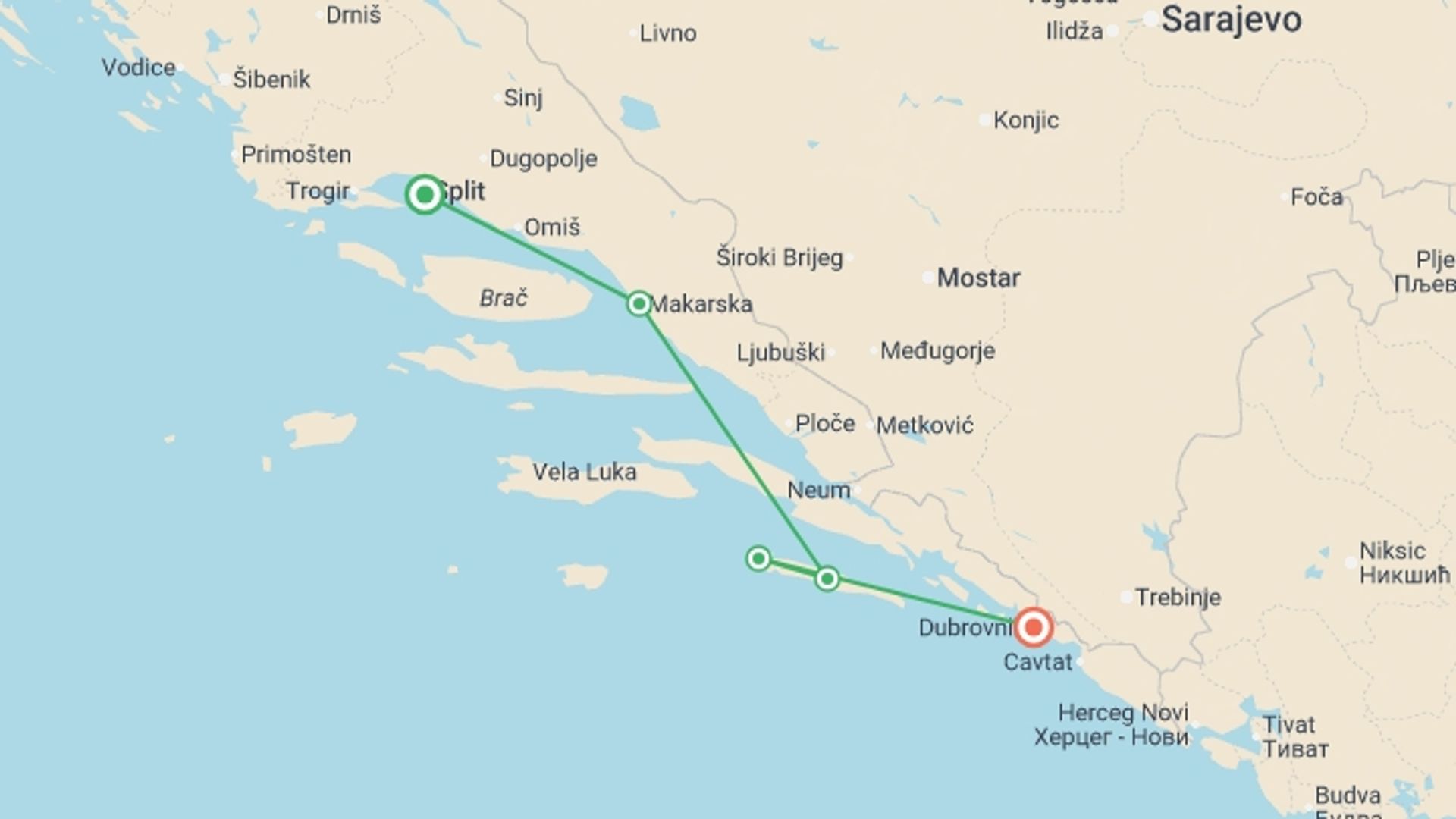 A map showing the tour itinerary for the trip: Split to Dubrovnik Mini-Cruise (Premium Plus) - 3 days, starting in Split, Croatia and ending in Dubrovnik, Croatia going through 2 other destinations.