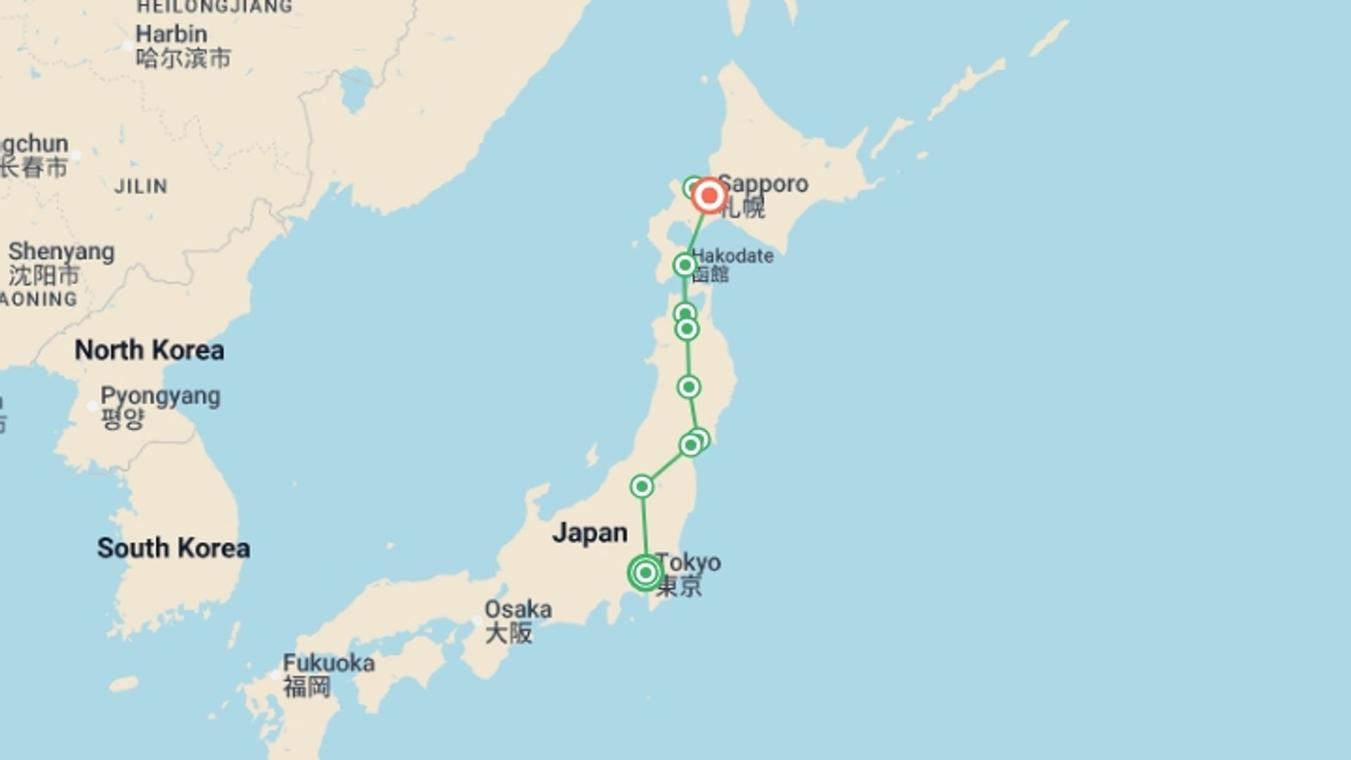 A map showing the tour itinerary for the trip: Hidden Wonders of North Japan, starting in Tokyo, Japan and ending in Sapporo, Japan going through 8 other destinations.