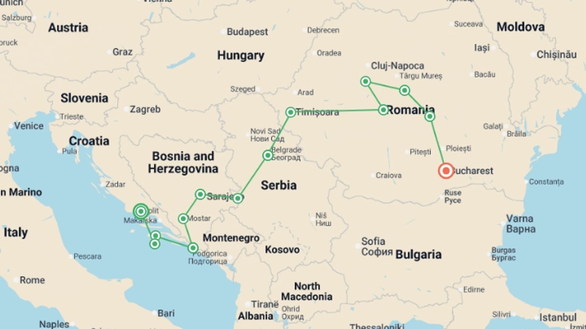 A map showing the tour itinerary for the trip: Premium Balkans in Depth, starting in Split, Croatia and ending in Bucharest, Romania going through 12 other destinations.