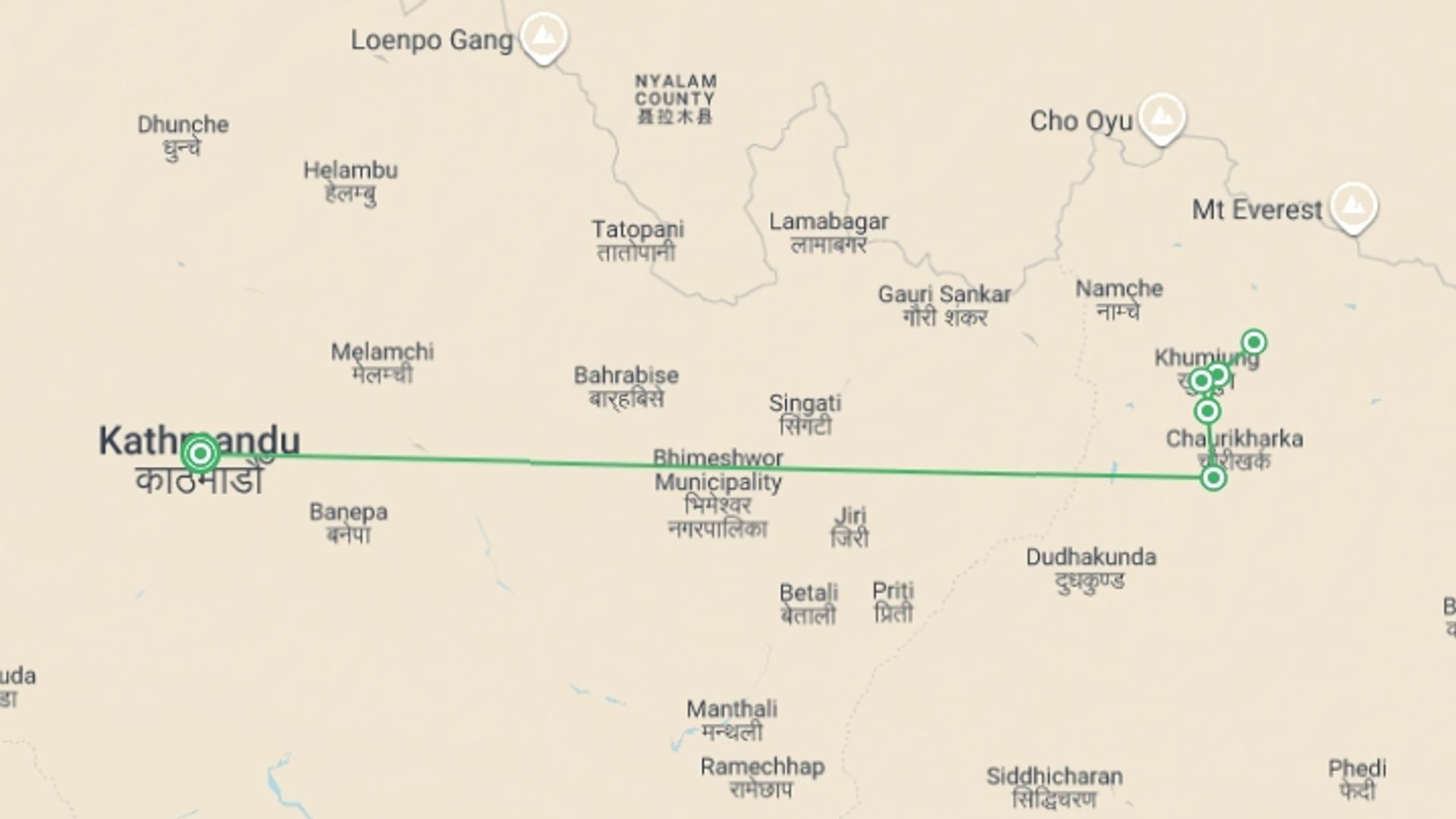 A map showing the tour itinerary for the trip: Everest Trek in Comfort, starting in Kathmandu, Nepal and ending in Kathmandu, Nepal going through 6 other destinations.