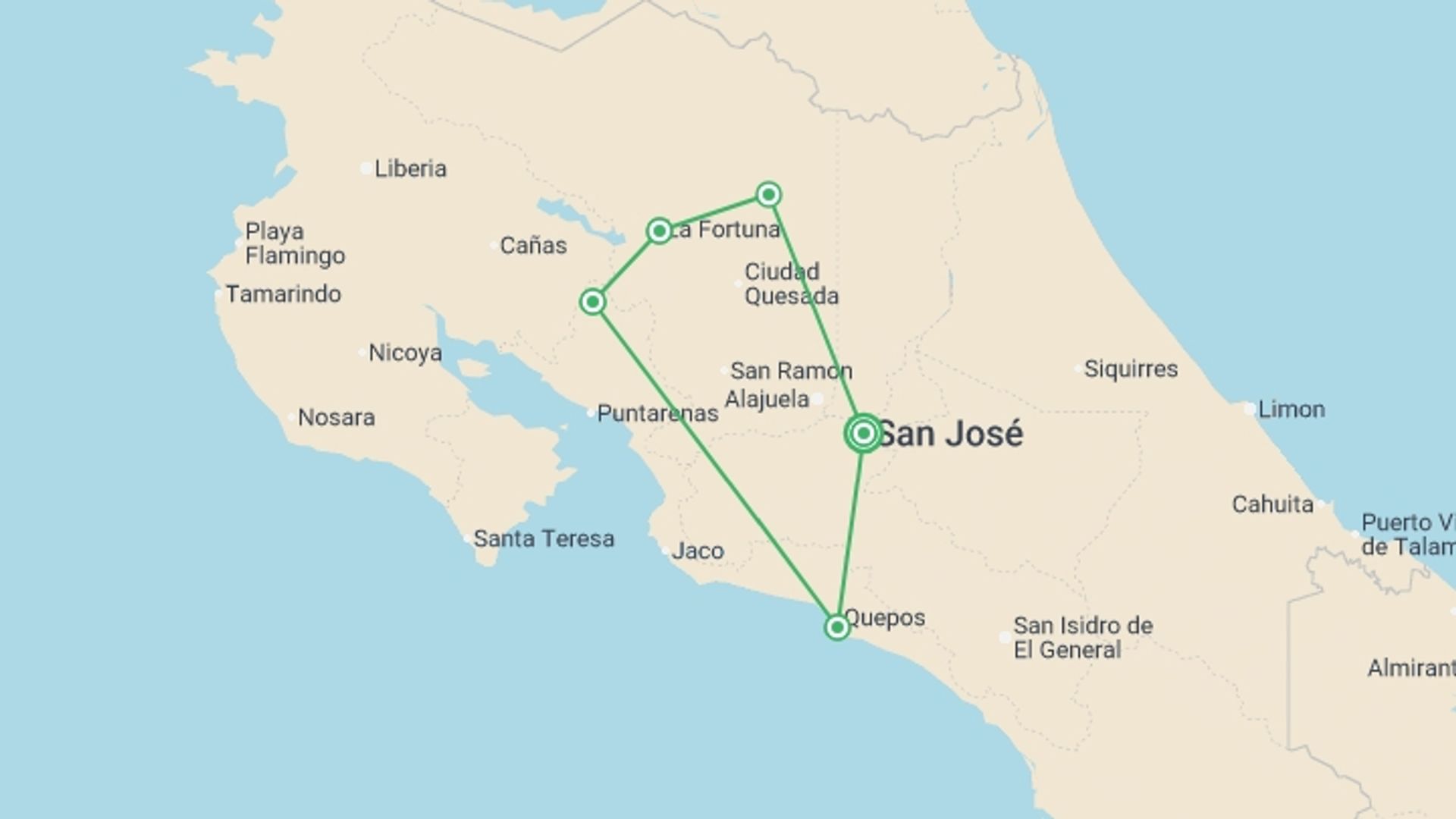 A map showing the tour itinerary for the trip: Costa Rica Adventure 2027, starting in San Jose, Costa Rica and ending in San Jose, Costa Rica going through 4 other destinations.