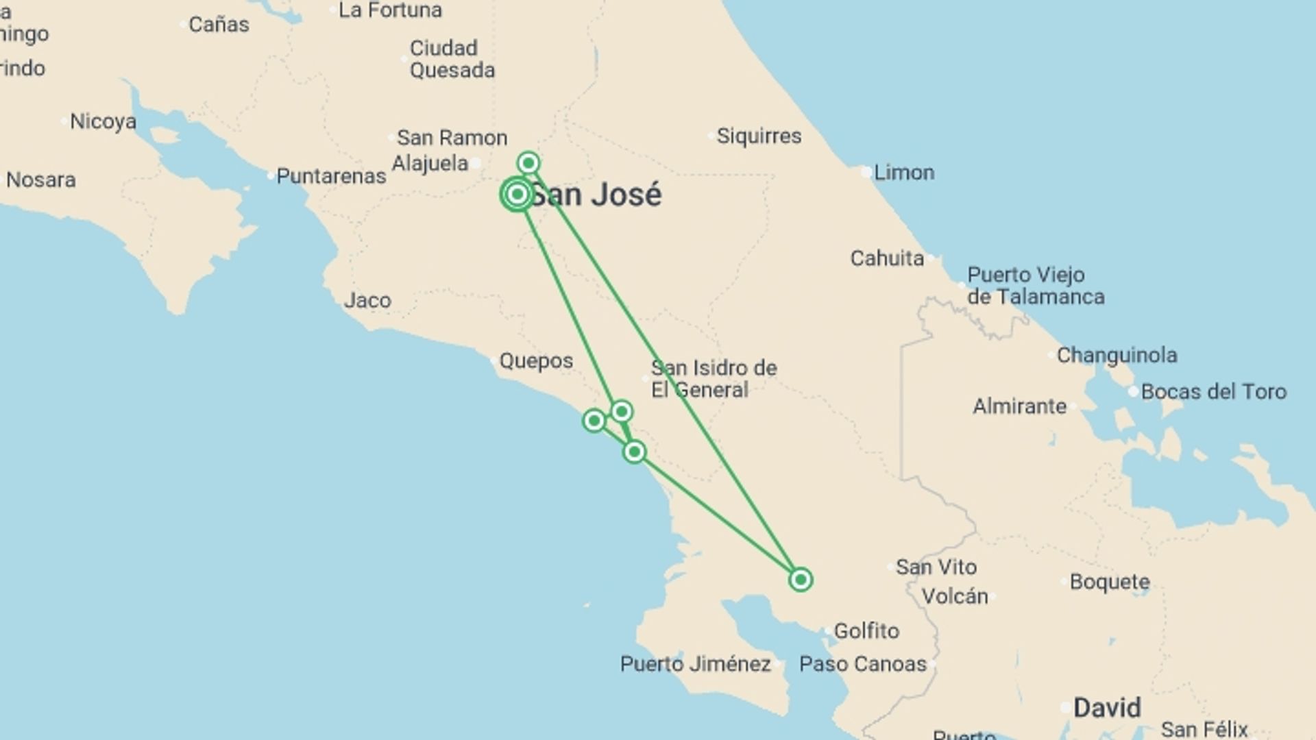 A map showing the tour itinerary for the trip: Trek Hidden Costa Rica, starting in San Jose, Costa Rica and ending in San Jose, Costa Rica going through 5 other destinations.