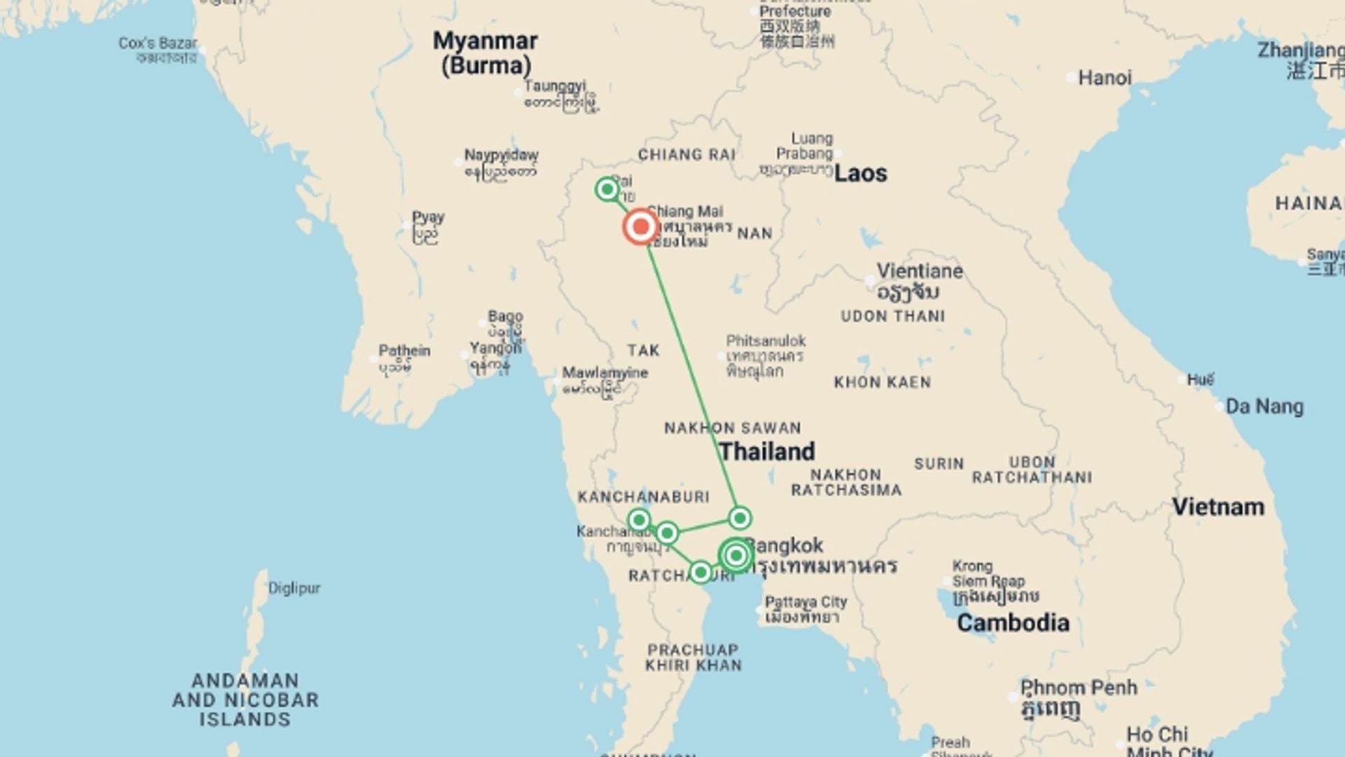 A map showing the tour itinerary for the trip: North Thailand: Rivers & Rice Fields, starting in Bangkok, Thailand and ending in Chiang Mai, Thailand going through 3 other destinations.