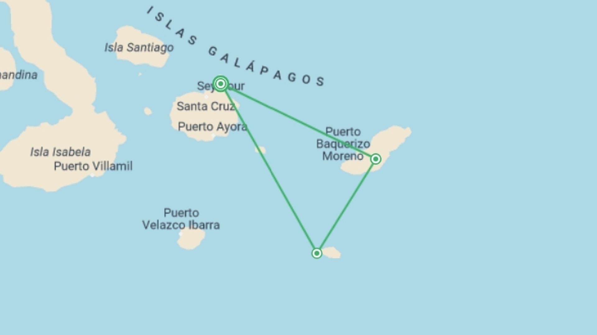 A map showing the tour itinerary for the trip: YACHT LA PINTA HUMBOLDT ISLES EXPEDITION (Thurs - Mon), starting in Baltra Island, Ecuador and ending in Baltra Island, Ecuador going through 3 other destinations.