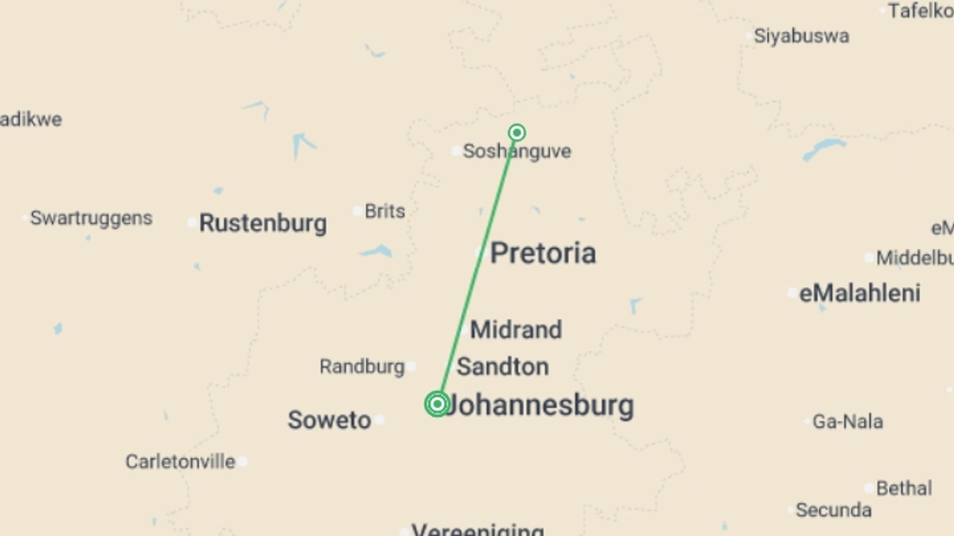 A map showing the tour itinerary for the trip: Joburg Bush Voluntour 17D/16N, starting in Johannesburg, South Africa and ending in Nambiti Big 5 Private Game Reserve, South Africa going through 1 other destinations.