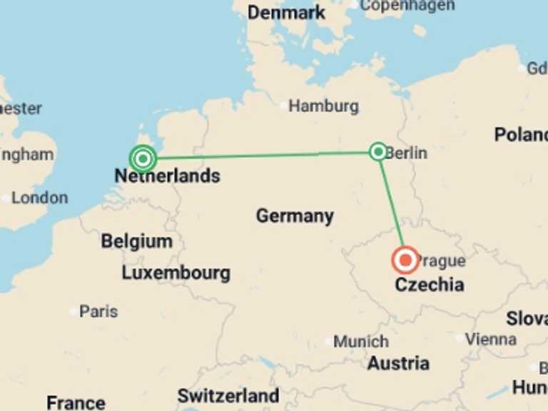 Map itinerary of Europe Tour in Fall with 3 destination visits for the trip: Amsterdam, Berlin and Prague GO