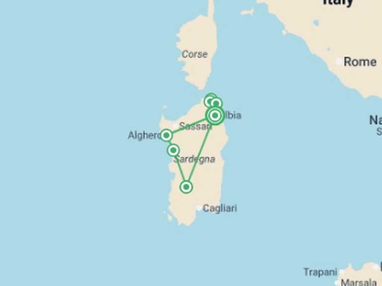 Map itinerary of Italy Tour in August 2026 with 4 destination visits for the trip: North to South Sardinia Express