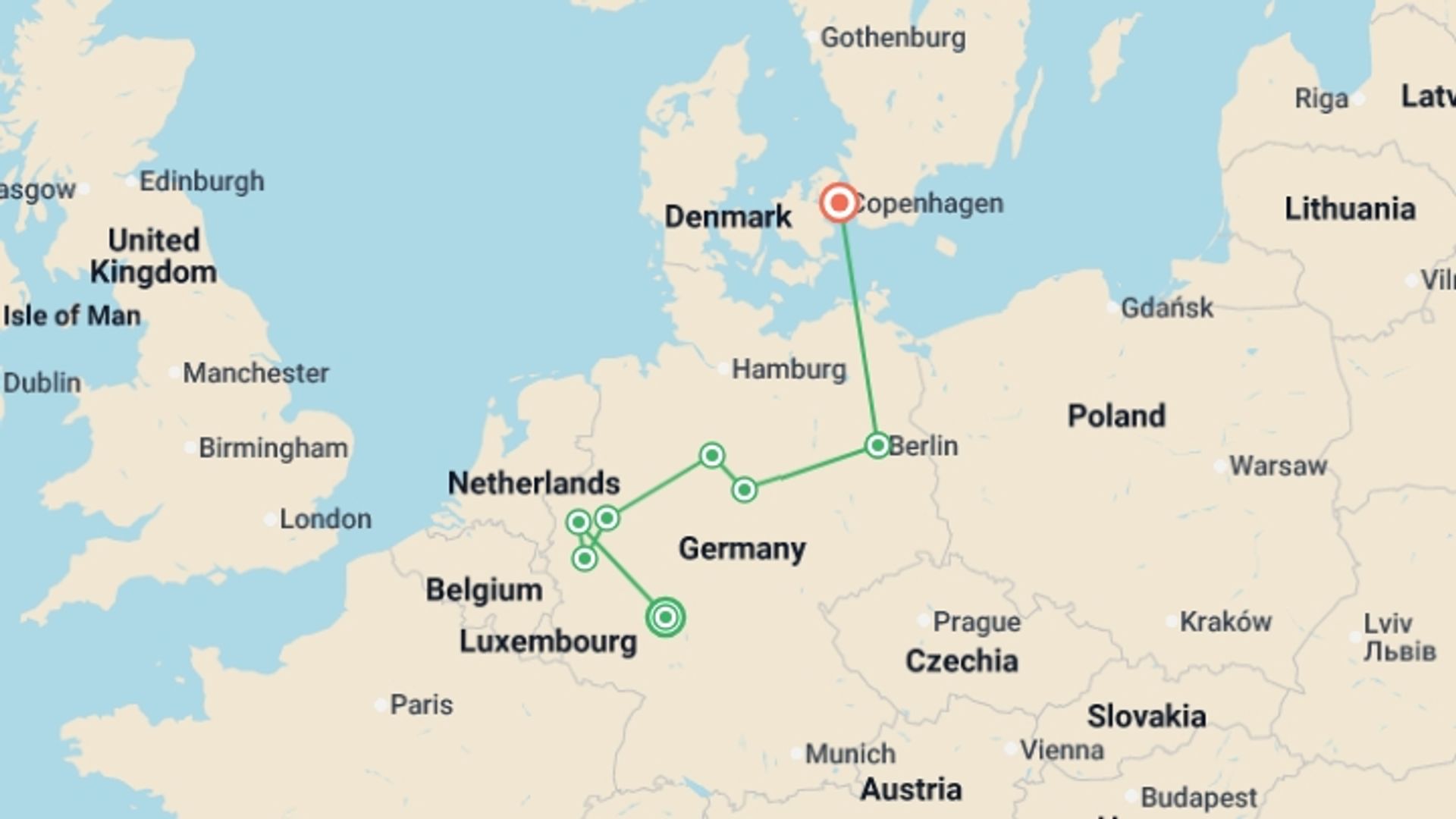 A map showing the tour itinerary for the trip: German Trek End Copenhagen, starting in Frankfurt, Germany and ending in Copenhagen, Denmark going through 3 other destinations.