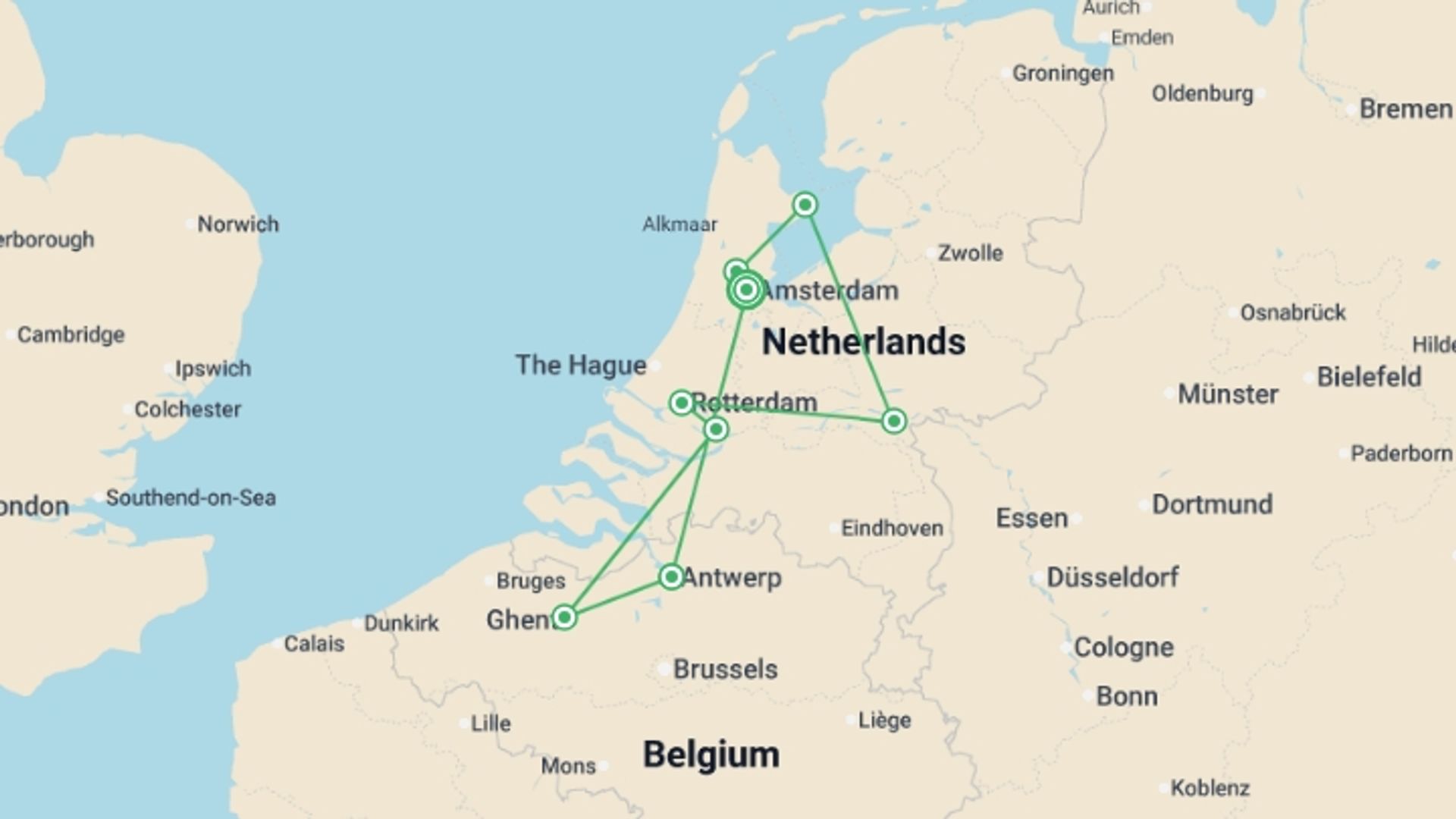 A map showing the tour itinerary for the trip: Tulips & Windmills (2027), starting in Amsterdam, Holland and ending in Amsterdam, Holland going through 7 other destinations.