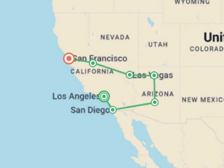 Map itinerary of USA Tour in Spring with 7 destination visits for the trip: LA to the Bay