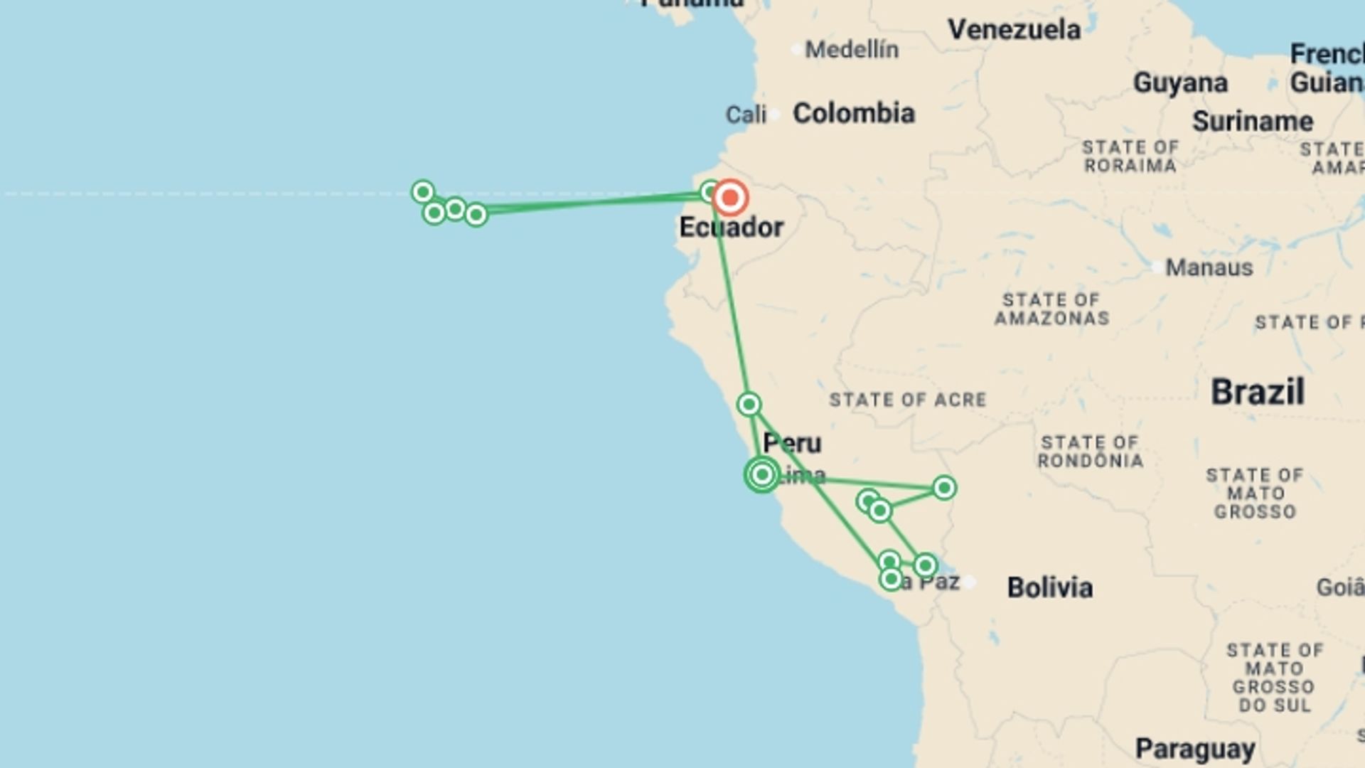 A map showing the tour itinerary for the trip: Peru & Galapagos Explorer, starting in Lima, Peru and ending in Quito, Ecuador going through 12 other destinations.