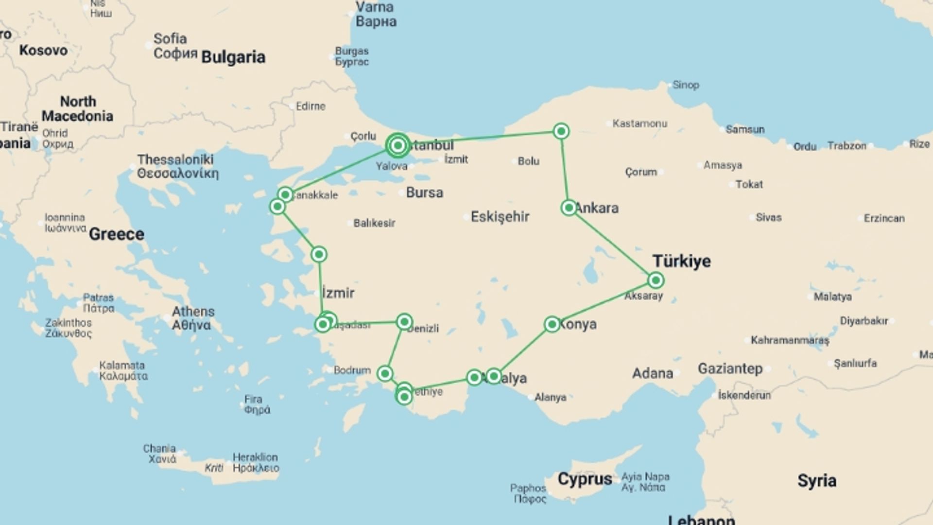 A map showing the tour itinerary for the trip: Treasures of Türkiye, starting in Istanbul, Turkey and ending in Istanbul, Turkey going through 7 other destinations.