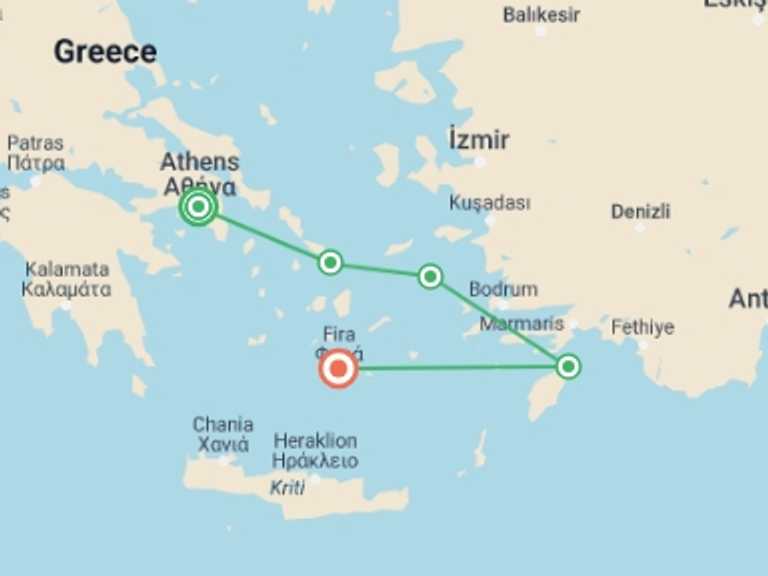 Map itinerary of Patmos Tour in Fall with 5 destination visits for the trip: Athens and 04 Nights Greek Islands Cruise