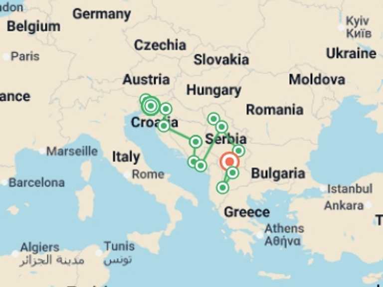 Map of Europe Tour with 13 destination visits for the trip: Balkans Rail Adventure