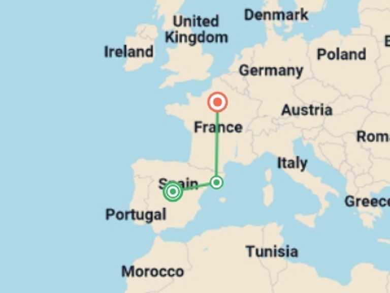 Map of France and Spain Tour with 3 destination visits for the trip: From Madrid to Paris