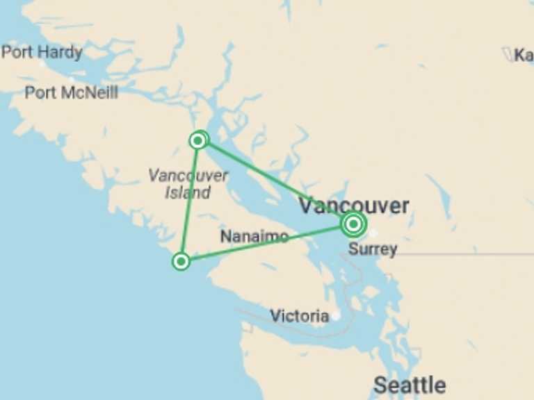 Map of 9-Day Canada Tour with 4 destination visits for the trip: Whales & Bears of British Columbia