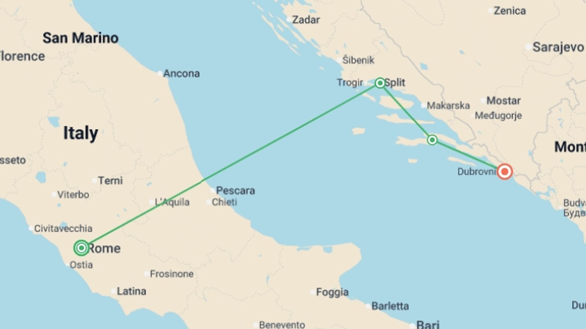 A map showing the tour itinerary for the trip: The Dalmatian Coast: Rome, Dubrovnik & Adriatic Dreamin’, starting in Rome, Italy and ending in Dubrovnik, Croatia going through 2 other destinations.