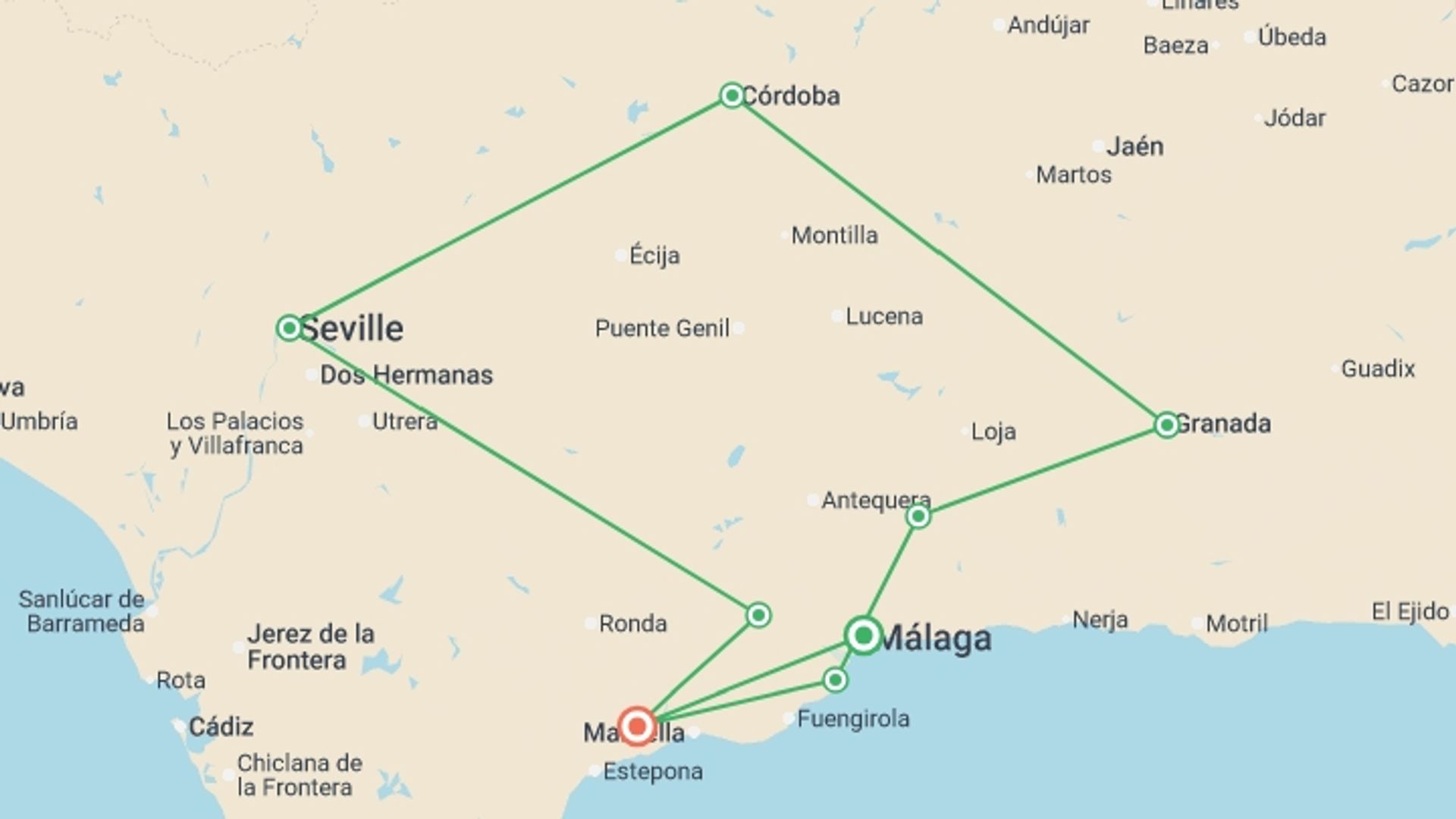 A map showing the tour itinerary for the trip: Andalusian Feelings, starting in Malaga, Spain and ending in Costa del Sol, Spain going through 3 other destinations.