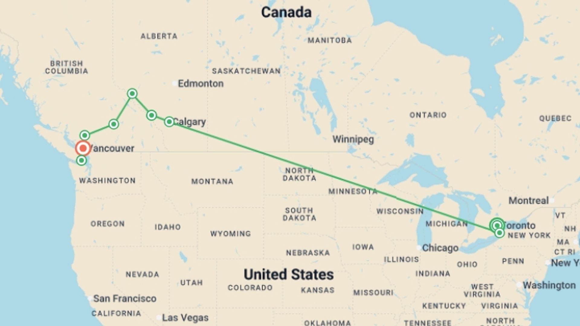 A map showing the tour itinerary for the trip: Canadian Highlights, starting in Toronto, Canada and ending in Vancouver, Canada going through 9 other destinations.