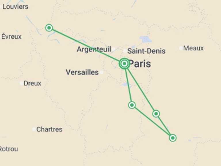 Map itinerary of Mediterranean Tour in March 2027 with 4 destination visits for the trip: Little Gems of the Seine: Between Bucolic Stopovers and Royal Shores The Majestic Seine Aboard a Paddle-Wheel Boat (port-to-port cruise)