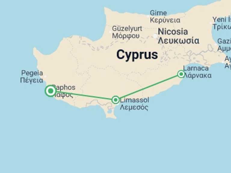 Map itinerary of Mediterranean Tour in October 2026 with 2 destination visits for the trip: Highlights Of Cyprus